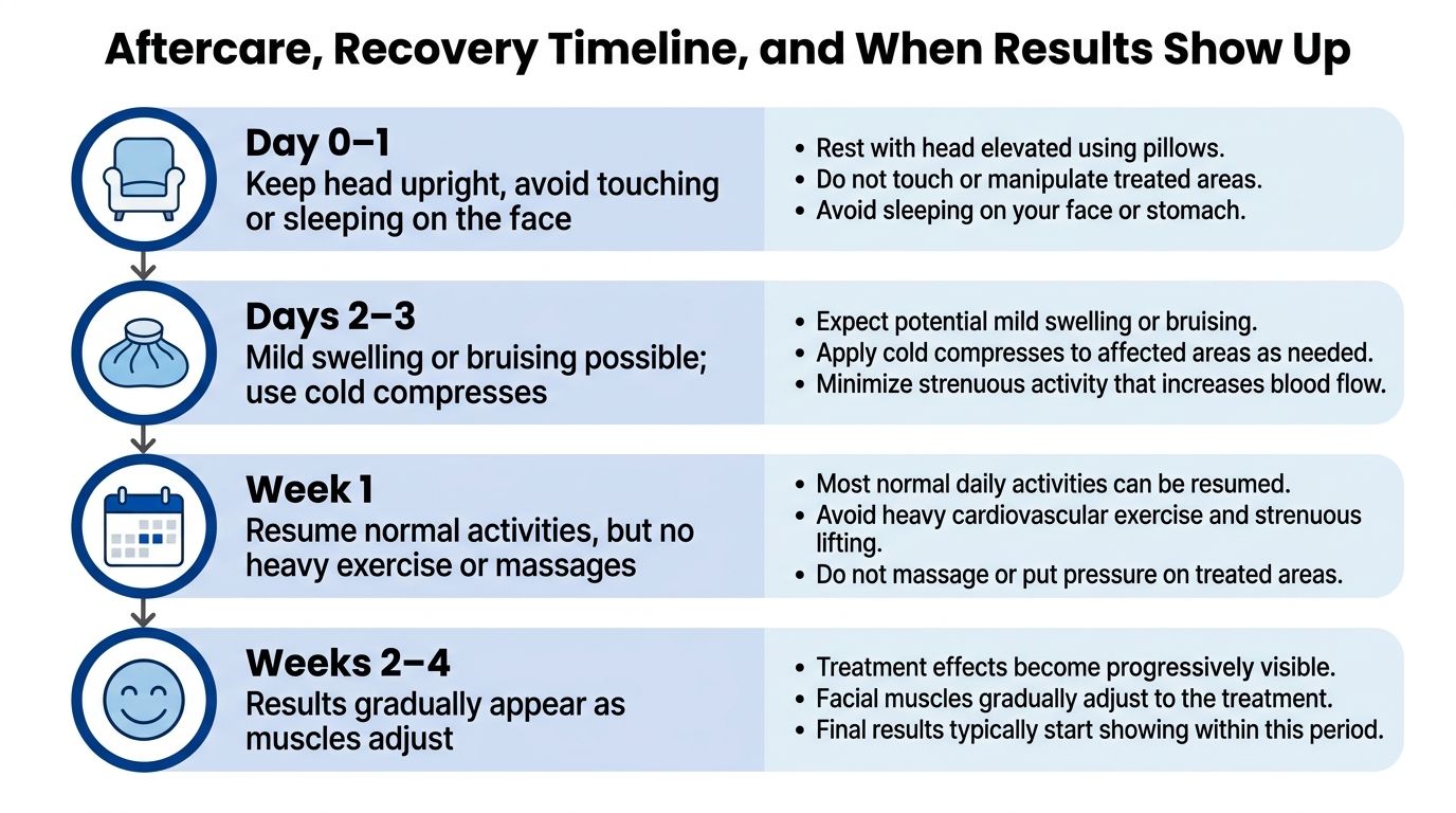 A timeline graphic explaining post-treatment care, recovery steps, and when results appear after a cosmetic procedure.