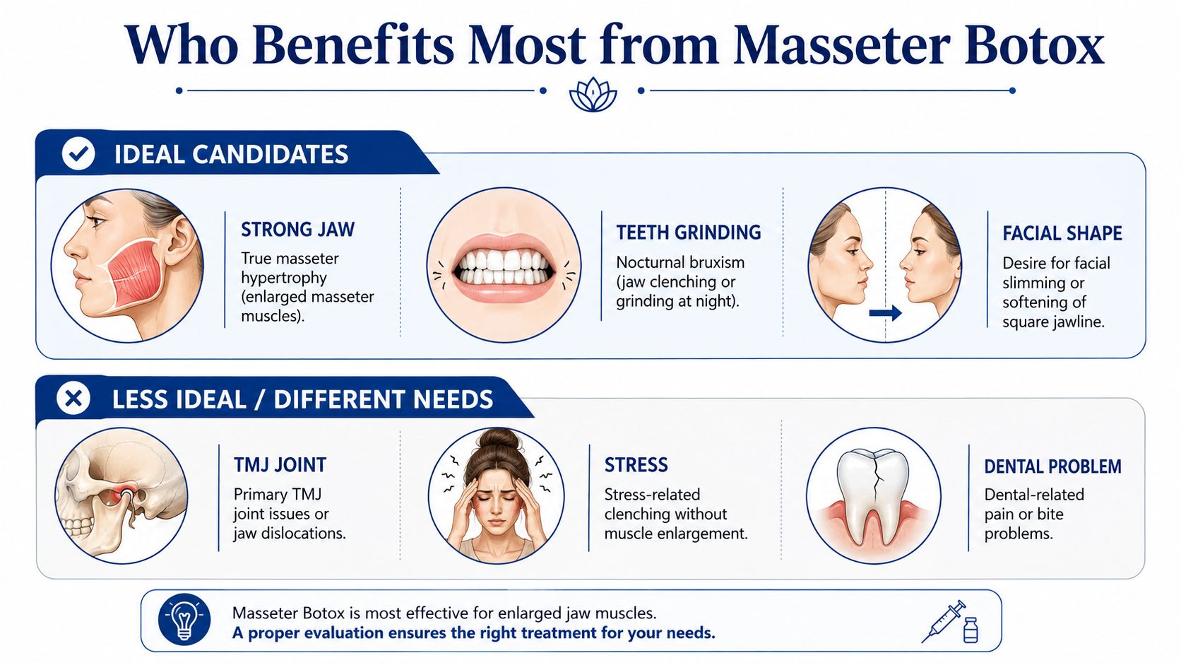 An infographic showing ideal and less ideal candidates for masseter Botox treatments for jaw slimming and clenching.