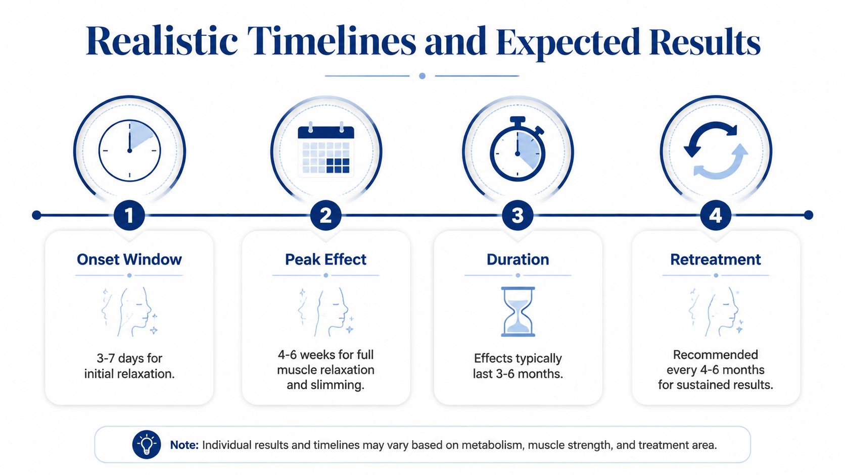 A timeline graphic showing the expected results and stages of botox treatment for facial muscle relaxation.