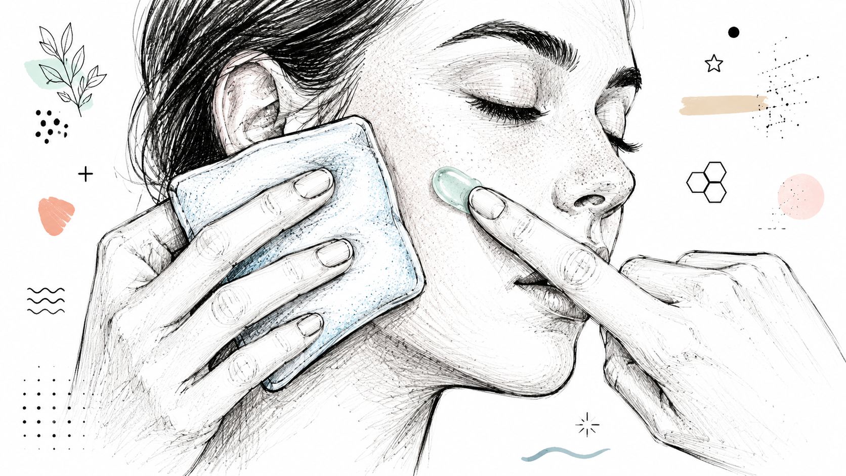 A detailed line art illustration of a person applying skincare to their face with a compress.