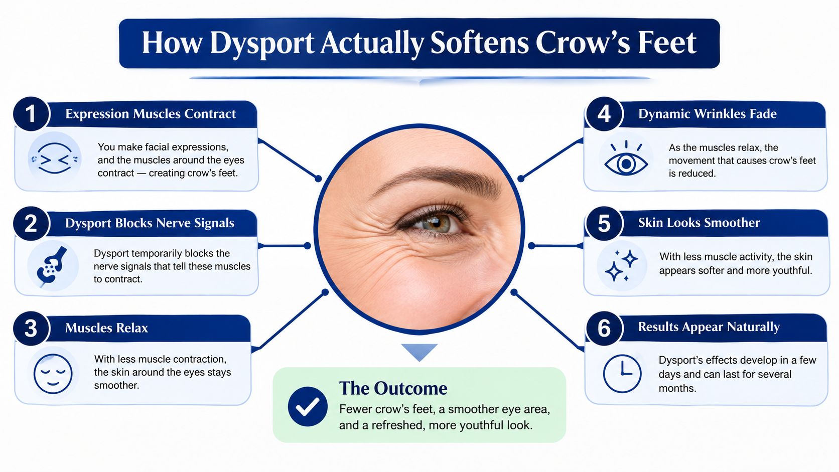 A step-by-step infographic explaining how Dysport injections work to smooth and reduce crow's feet wrinkles.