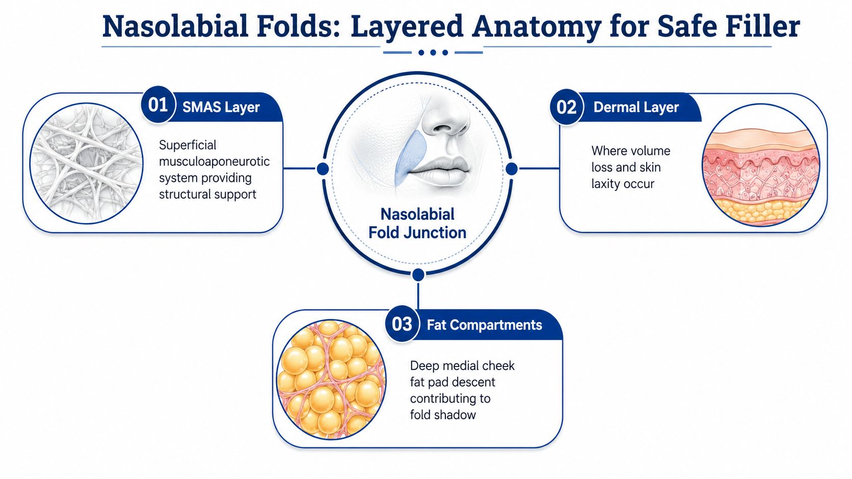 An infographic illustrating the layered anatomy of nasolabial folds to ensure safe dermal filler injection procedures.