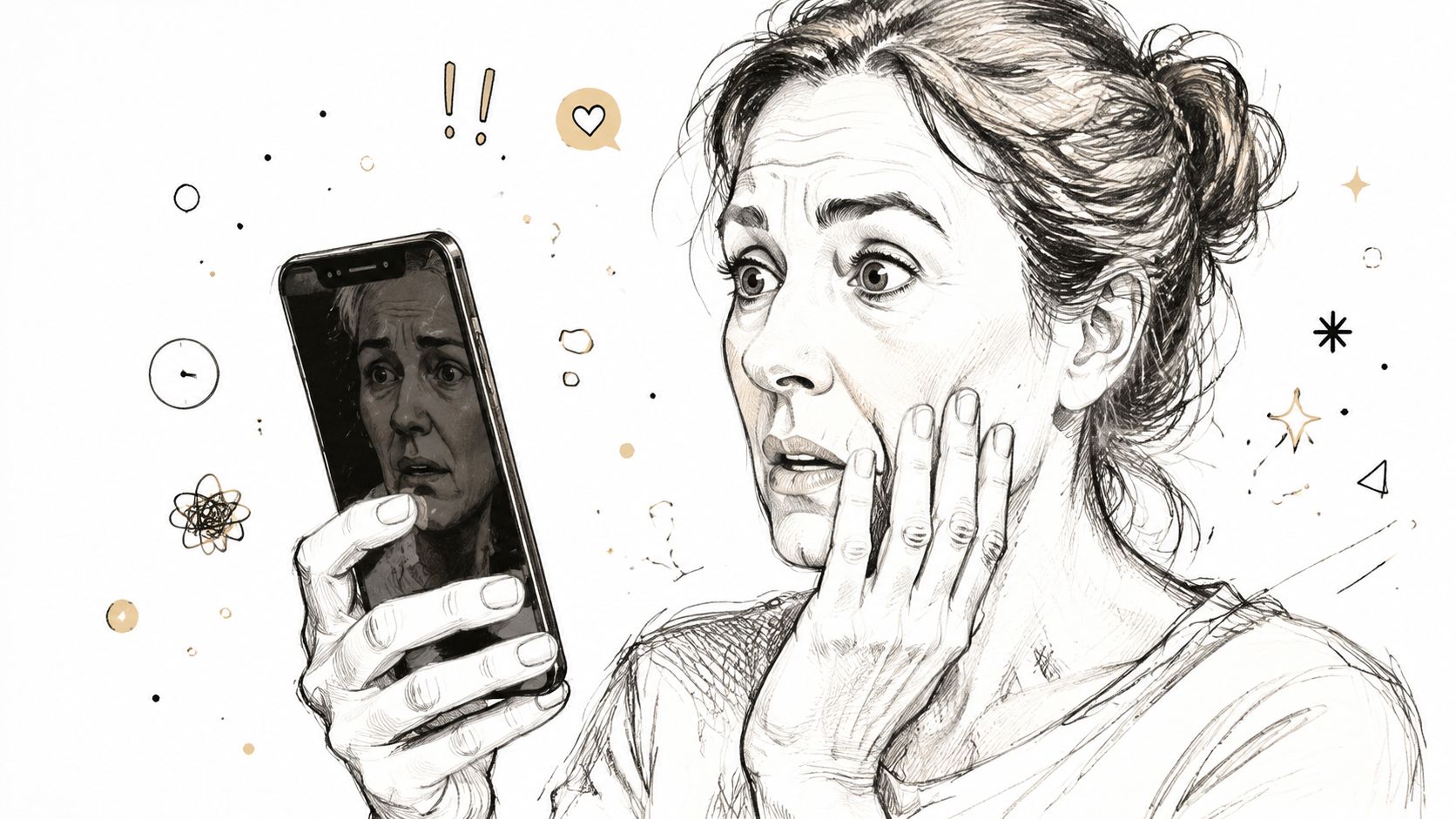 A woman looks shocked and worried while checking her reflection on a smartphone screen, illustrating facial skin concerns.