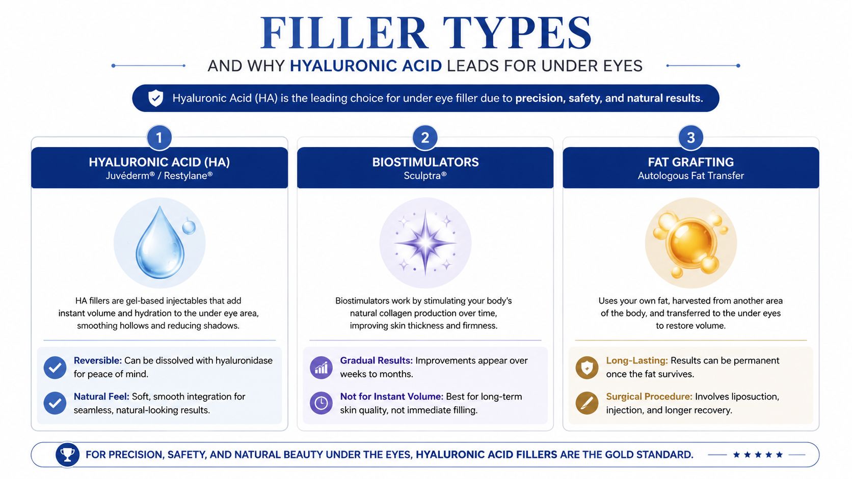 An infographic comparing three filler types for the under eyes: Hyaluronic Acid, Biostimulators, and Fat Grafting.