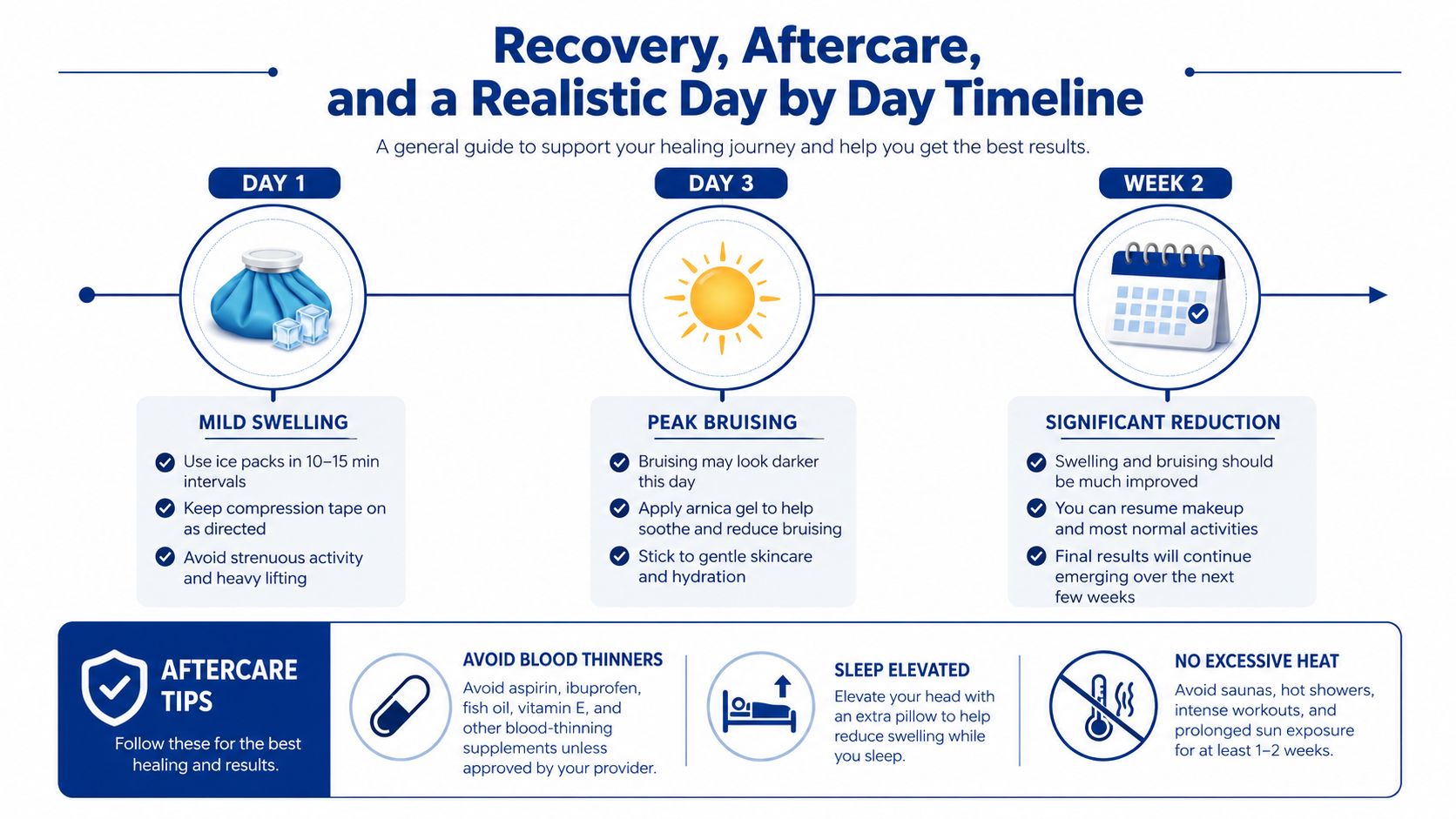 A timeline graphic showing recovery instructions for under eye filler including daily care tips and precautions.