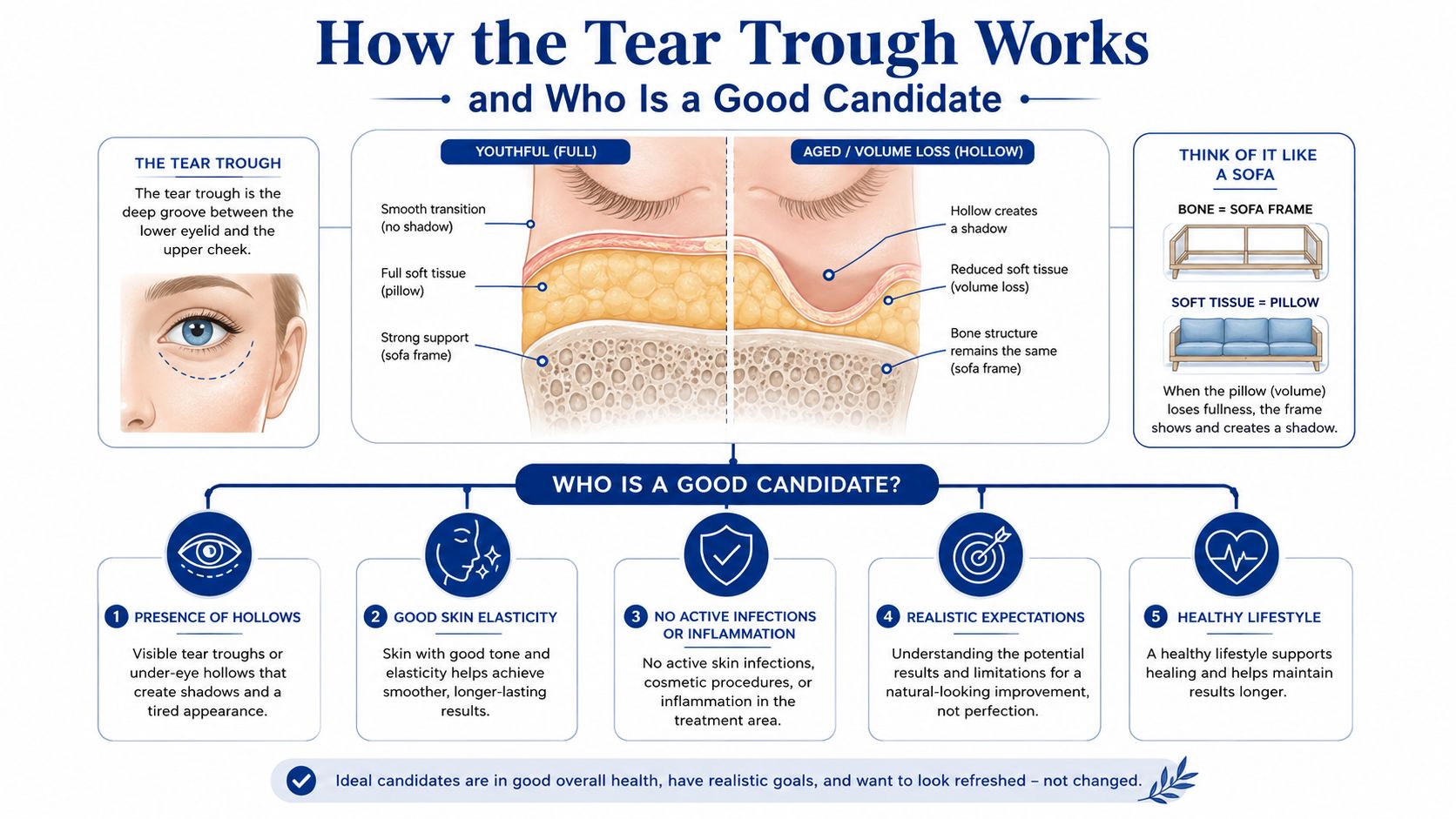 An infographic explaining the anatomy of tear troughs, the causes of volume loss, and candidate requirements.