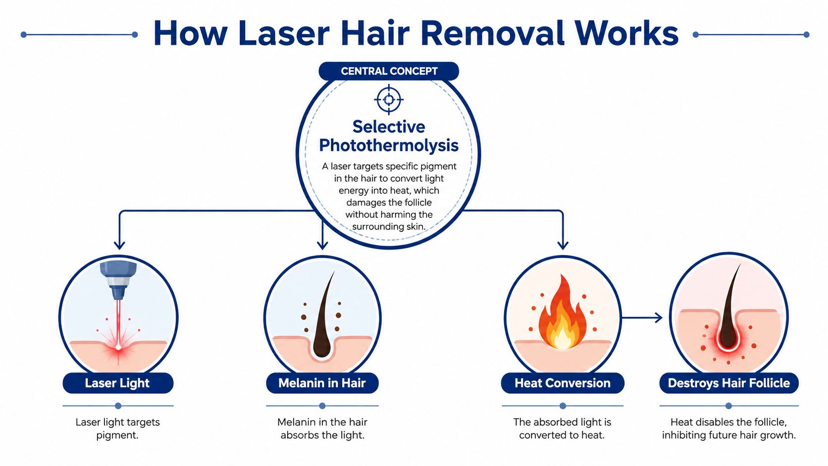 An educational infographic illustrating the process of selective photothermolysis used for laser hair removal treatment.