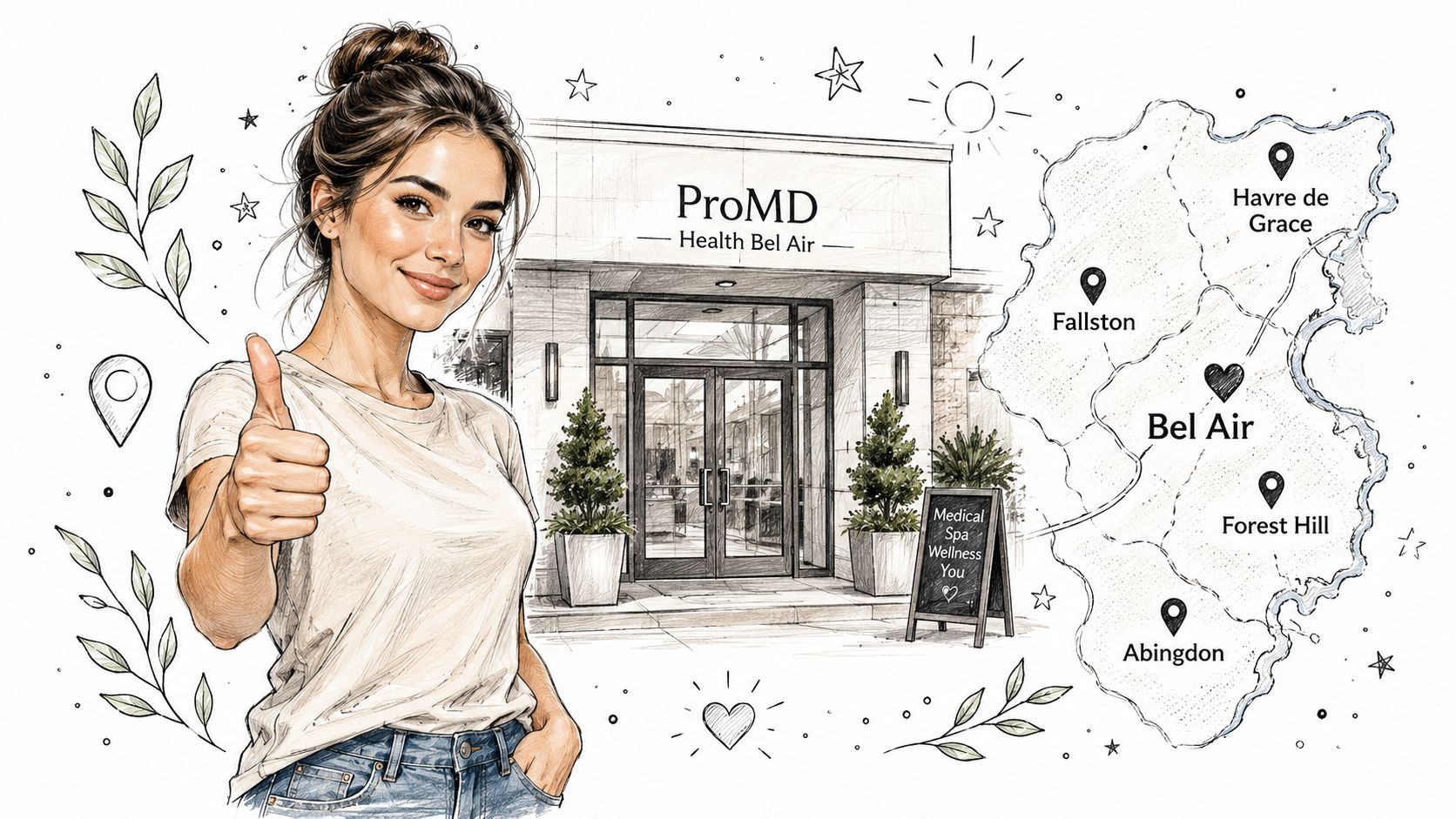 A woman smiling and giving a thumbs up in front of a ProMD Health medical spa location.
