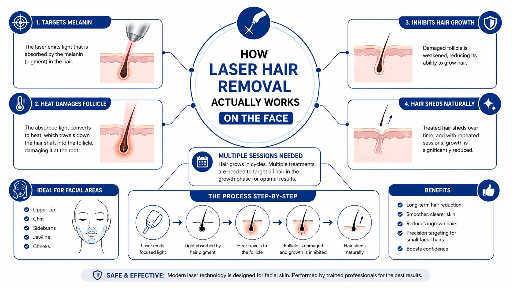 An infographic explaining how laser hair removal on the face works, including the process, benefits, and target areas.