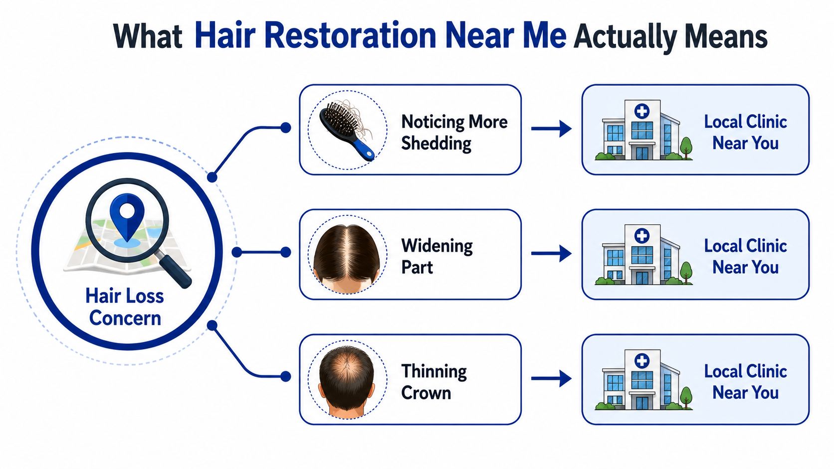 A flowchart showing how specific hair loss symptoms lead to finding a local hair restoration clinic.