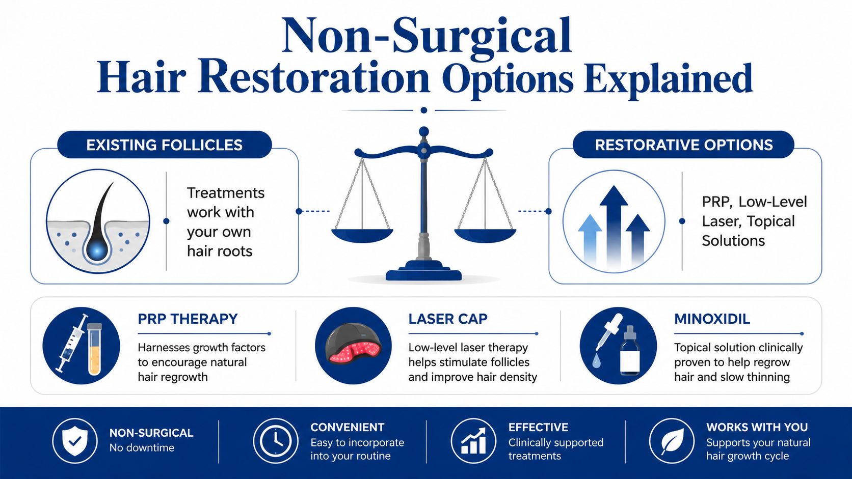 An infographic detailing non-surgical hair restoration options like PRP therapy, laser caps, and topical minoxidil solutions.