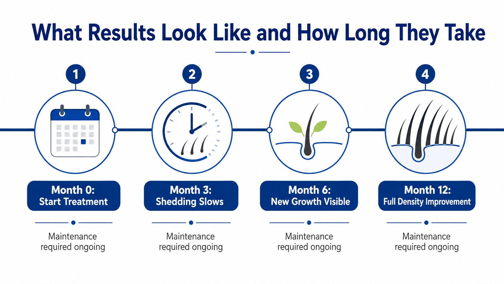 A timeline graphic illustrating the hair restoration process from Month 0 to Month 12 with maintenance required.