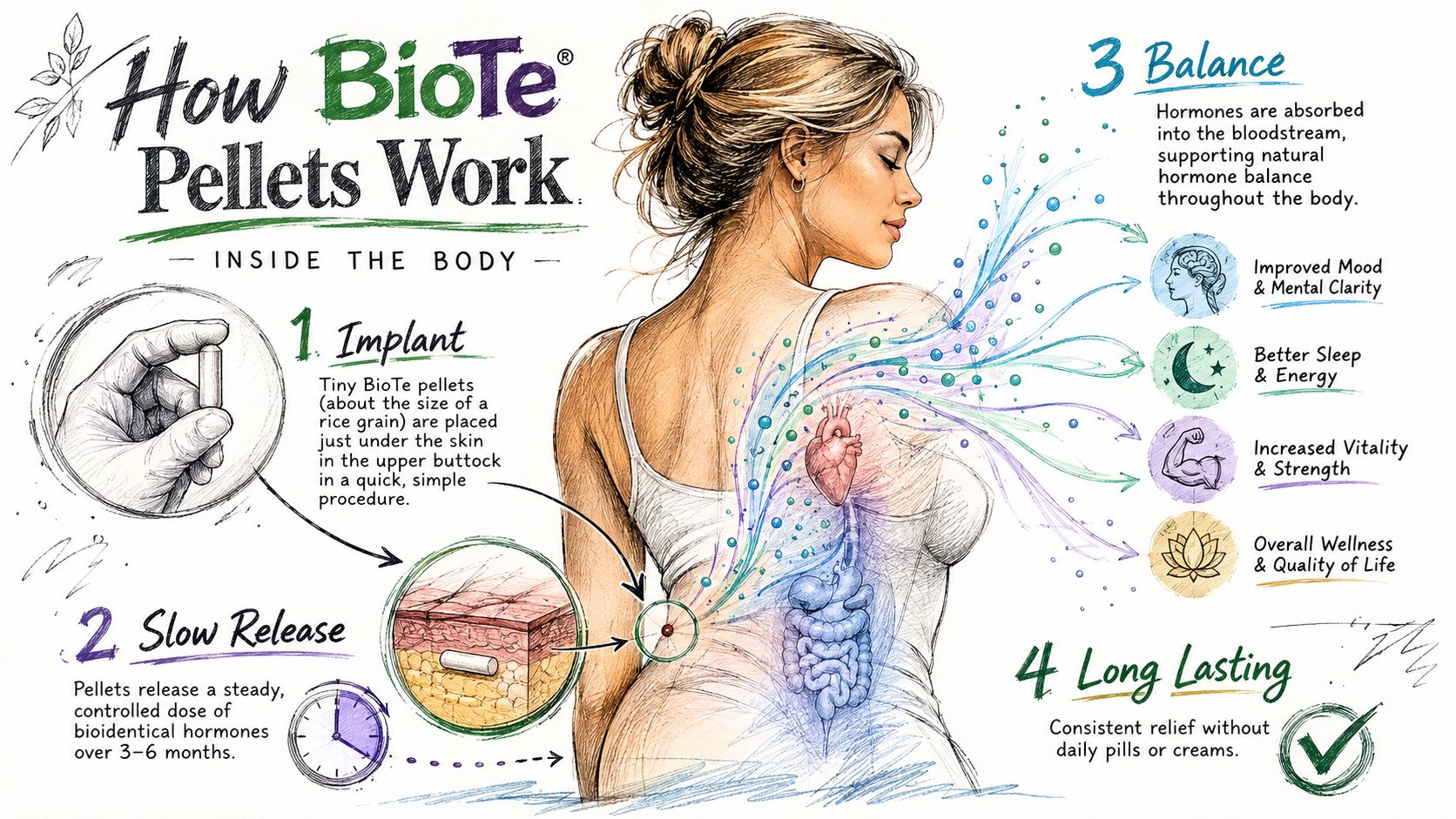 A diagram explaining how BioTe hormone pellets are implanted and released for therapeutic balance in women.