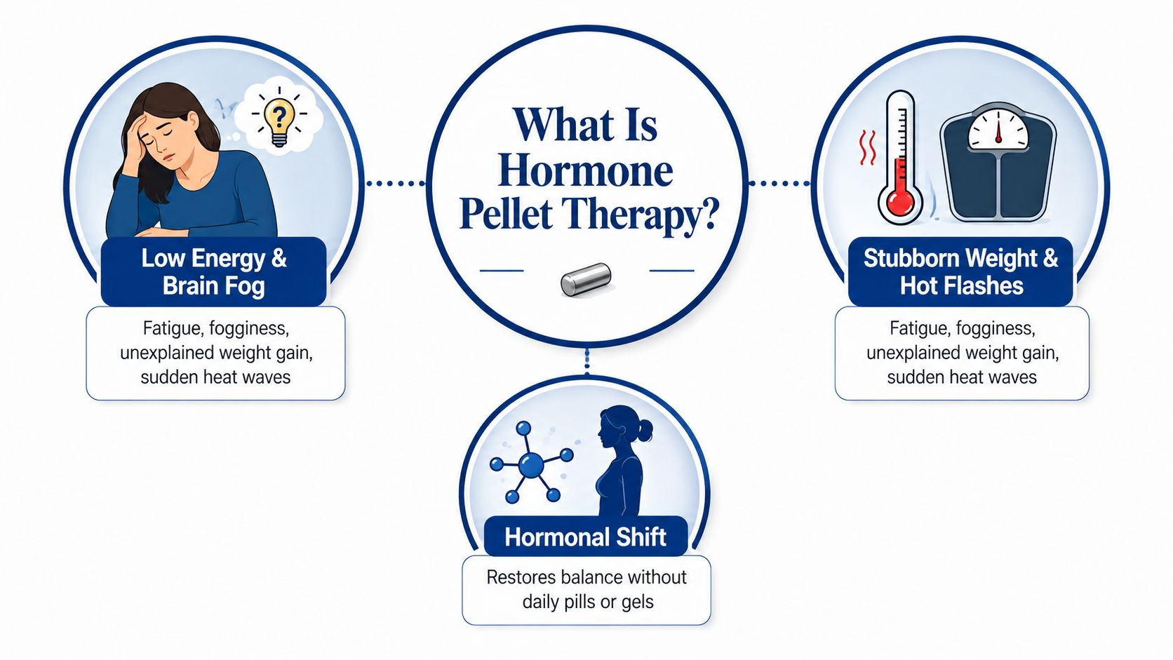 A diagram explaining hormone pellet therapy for women, listing common symptoms like fatigue, brain fog, and weight gain.