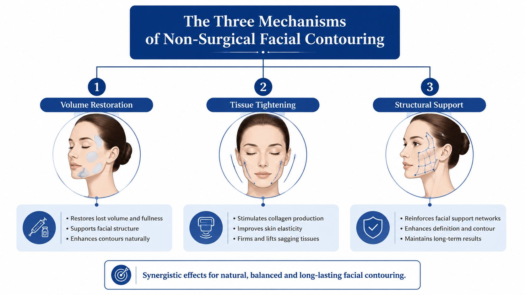 A diagram explaining the three key mechanisms of non-surgical facial contouring: volume restoration, tissue tightening, and structural support.