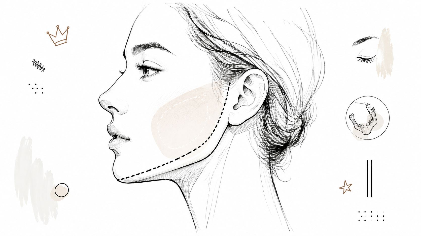 A line art sketch of a woman profile highlighting the jawline and cheekbone area for facial sculpting.