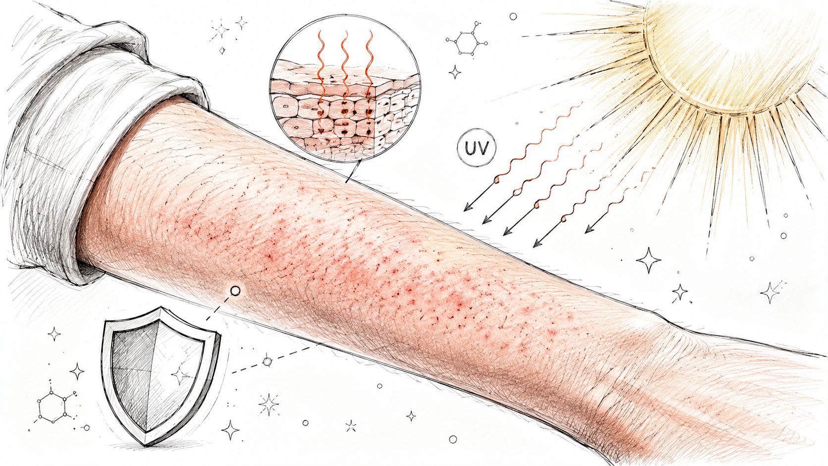 An illustration showing a sun-damaged human forearm and the effects of ultraviolet radiation on skin cells.