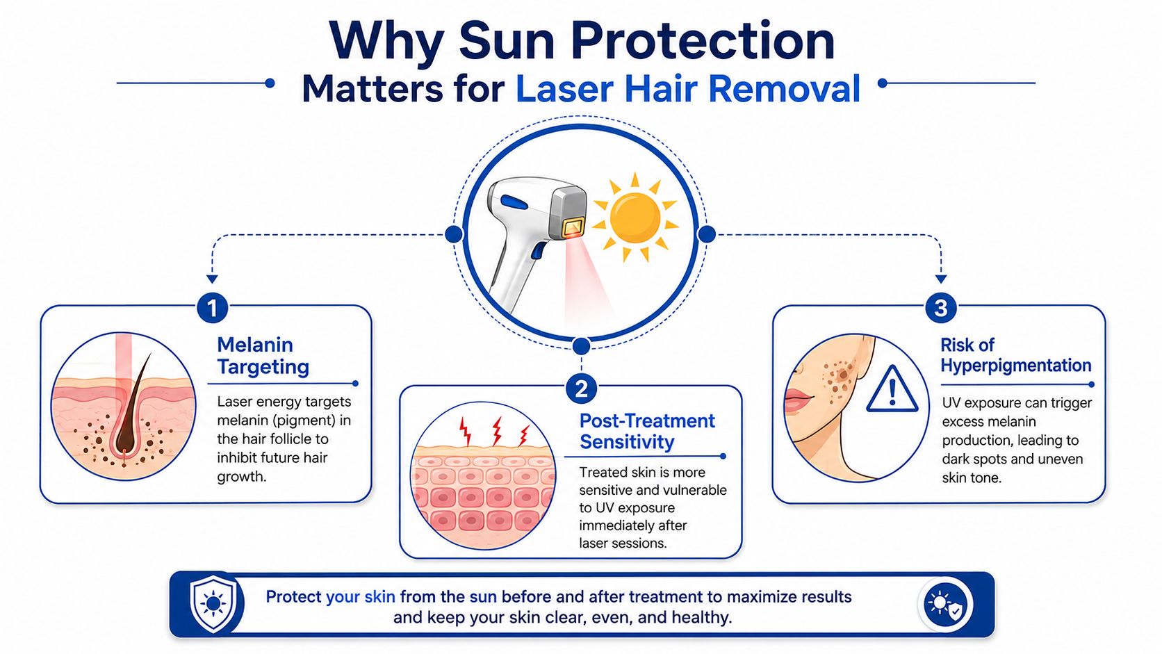 An infographic explaining the importance of protecting skin from the sun before and after laser hair removal.