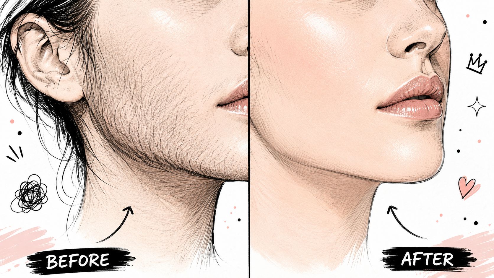 A digital illustration showing a comparison of a face with excess facial hair and a smooth, hairless face.