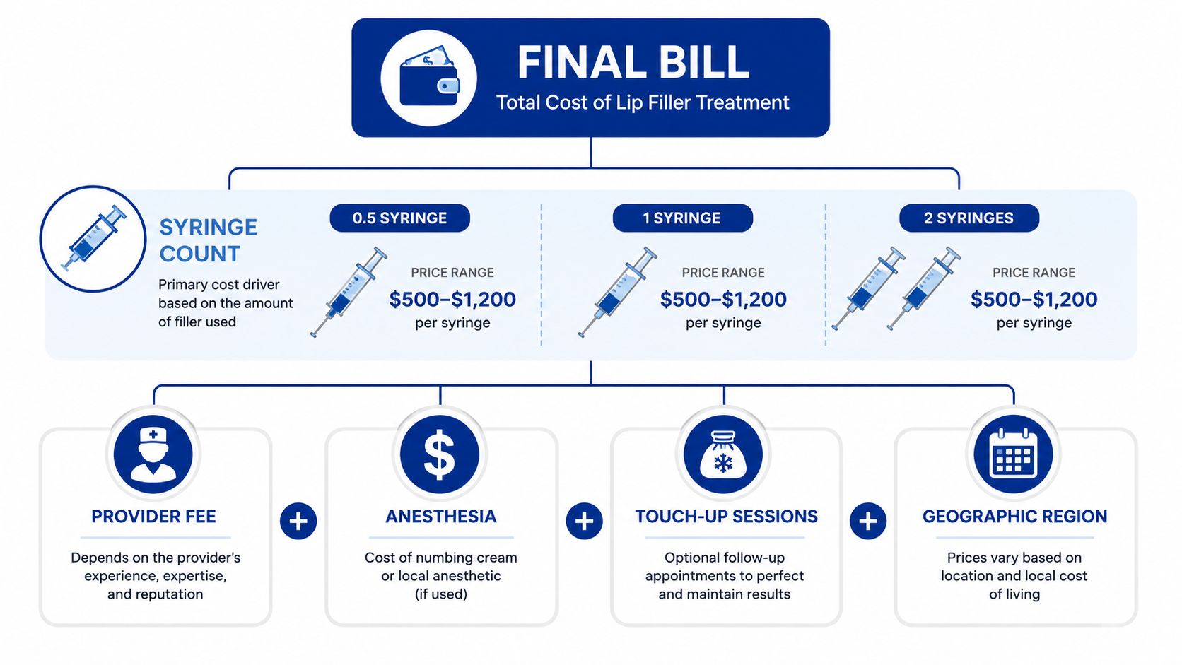 An infographic showing the breakdown of factors affecting the final cost of lip filler treatments.
