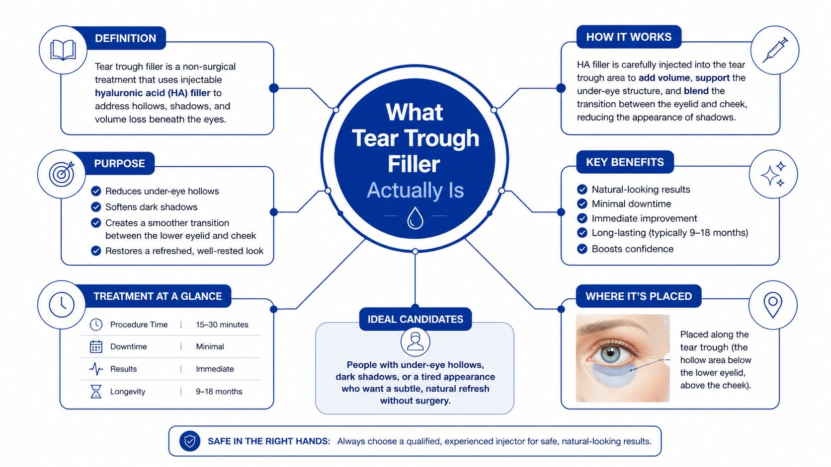 An infographic explaining tear trough fillers, detailing their definition, purpose, procedure details, benefits, and target candidates.