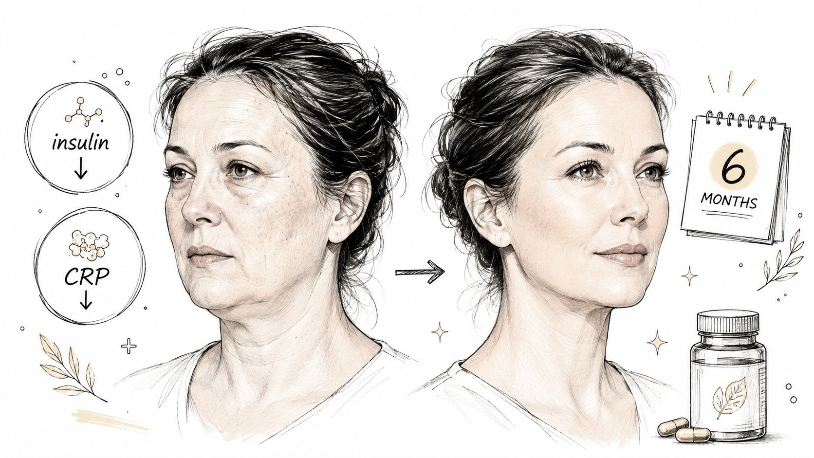 A pencil-style illustration comparing a woman before and after a six-month health and wellness transformation program.