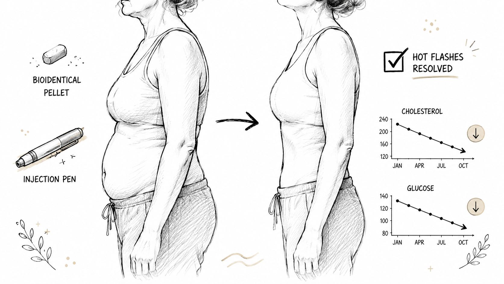 A line drawing illustration showing a woman before and after weight loss using injections and hormone therapy.