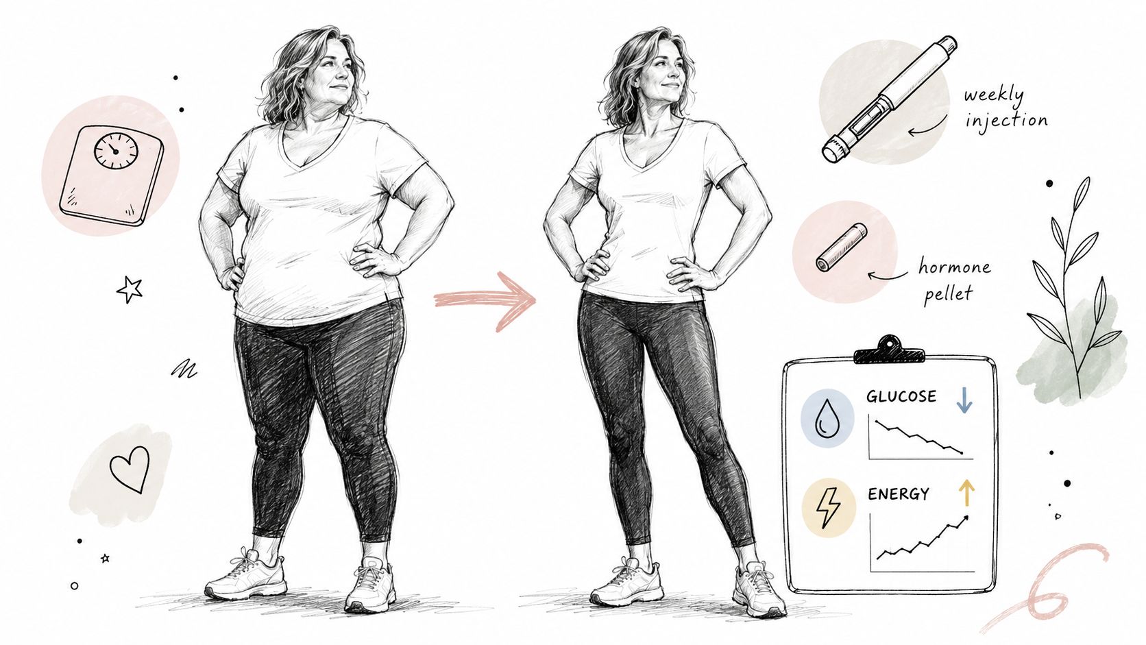 A conceptual illustration showing a man's transformation through weight loss injections, improved metabolic health, and renewed activity.